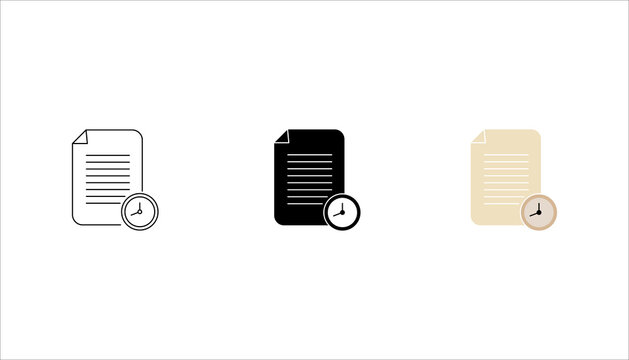 Outline document and clock icon  set. representing deadlines, document management, scheduling, task tracking, administrative processes, and business workflow organization.