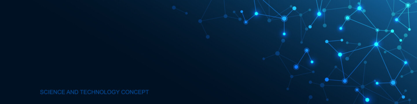 Abstract blue molecular structure with glowing connected nodes and lines on dark background. Concept of chemistry, nanotechnology, network, science, biotechnology and innovation