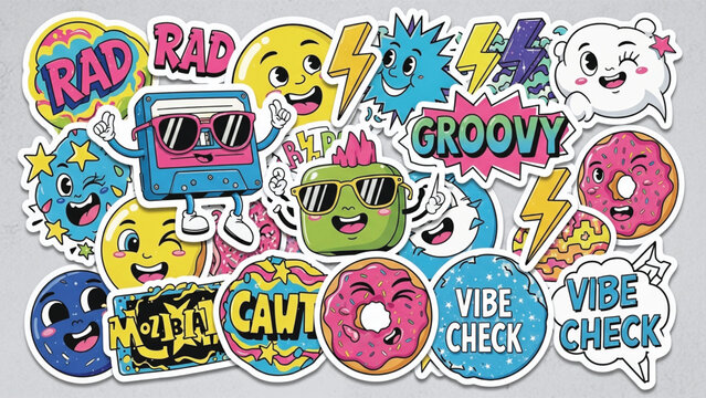 Colorful stickers with cartoon characters and groovy text on gray background.