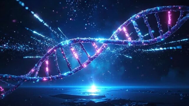 A glowing double helix structure floats in a dark digital space