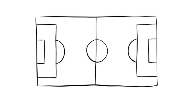 Minimalist hand-drawn black outline football soccer field pitch diagram, a versatile transparent top-down sketch graphic element.