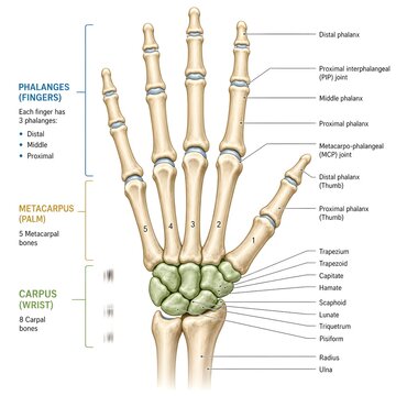 Anatomical illustration of the human hand bones with labels.