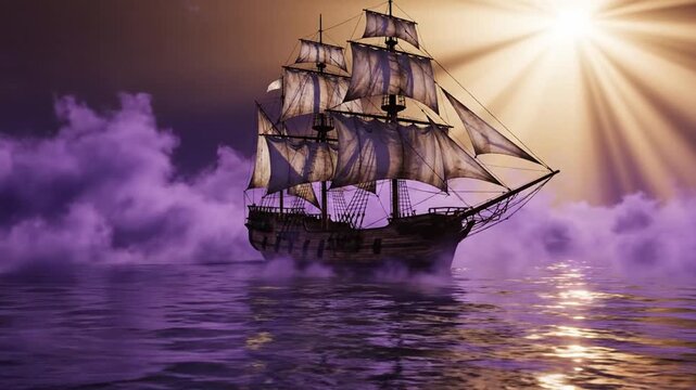 Historic sailing ship navigating purple mist under bright sun rays