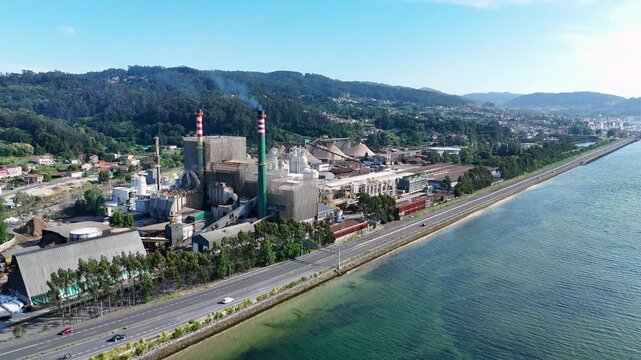 Aerial view of Ence factory polluting the Ria de Pontevedra
