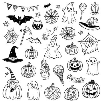 A collection of black and white Halloween-themed illustrations