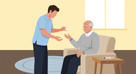 Obraz premium Nurse giving medication to elderly patient in armchair