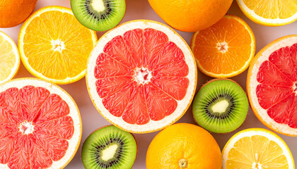 Colorful arrangement of fresh citrus fruits, grapefruit, oranges and kiwis, neatly composed, vibrant healthy food concept, appetizing fruit. Close-up.