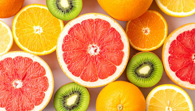 Colorful arrangement of fresh citrus fruits, grapefruit, oranges and kiwis, neatly composed, vibrant healthy food concept, appetizing fruit. Close-up.