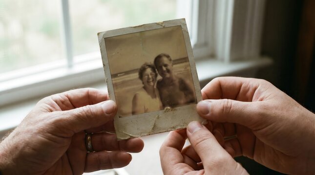 A person holding an old, faded photograph of a smiling couple on a beach, evoking memories and nostalgia.