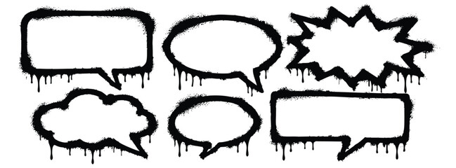 Collection of various hand-drawn graffiti style speech bubbles with spray paint texture and drips, isolated on a white background. © Zbrake Studio
