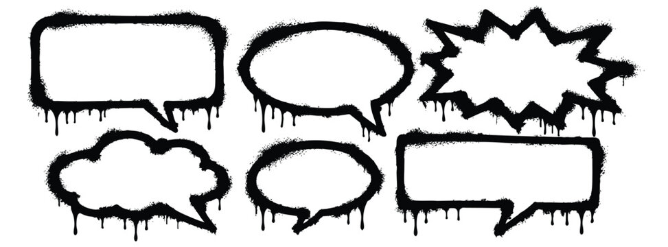 Collection of various hand-drawn graffiti style speech bubbles with spray paint texture and drips, isolated on a white background.