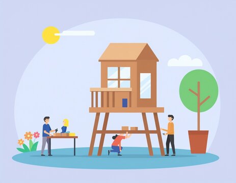 Diverse group building wooden playhouse outdoors showing teamwork concept in a sunny backyard park scene
