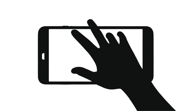 Smartphone interaction is demonstrated by a black silhouette of a hand touching the screen of a mobile device on a plain background, providing a clear visual interface for modern communication.