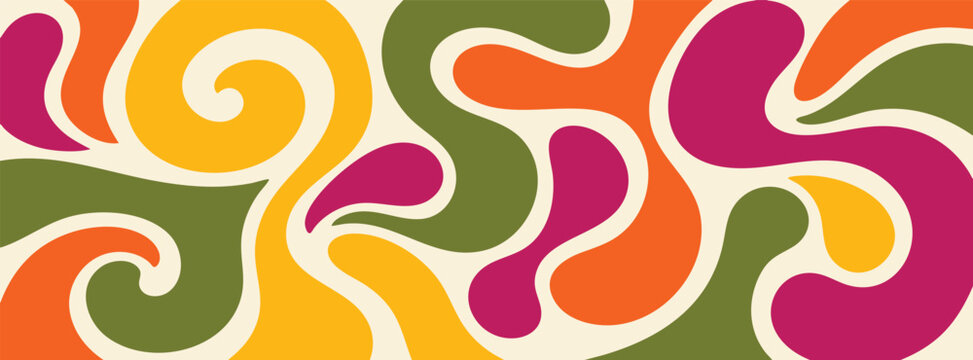 A vibrant retro 70s psychedelic background banner featuring groovy abstract wavy fluid organic shapes in orange, yellow, olive green, and purple.