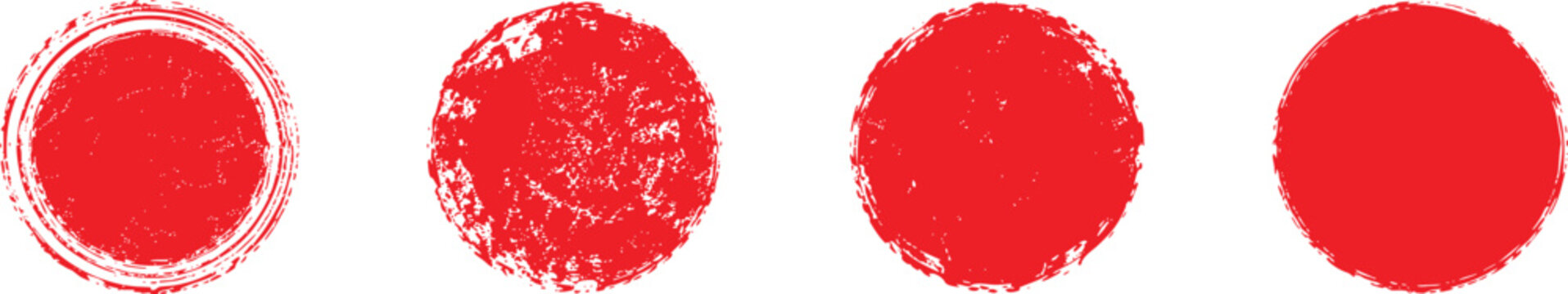 Collection of four distressed red circular rubber stamp textures isolated on a white background for design elements and overlays.