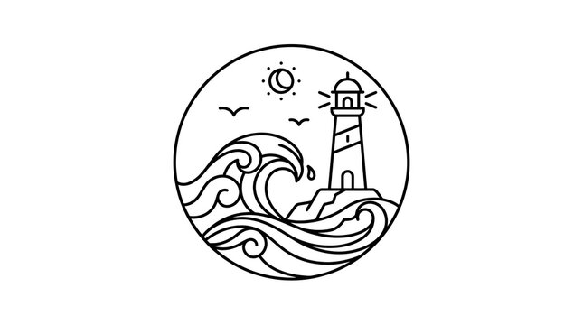 Lighthouse and ocean waves line art badge logo vector