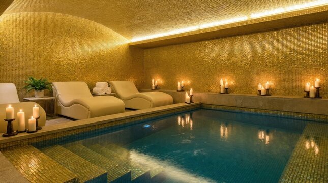 Luxury spa interior with a swimming pool, gold tiled walls and candles
