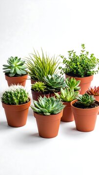 A collection of small potted plants on a white surface