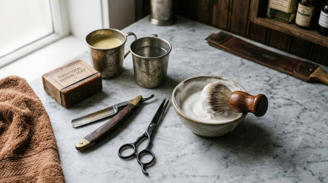 Traditional shaving tools and accessories on a marble countertop