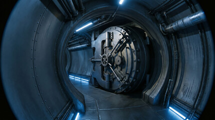 Obraz premium Circular Vault Door with Intricate Mechanisms and Blue Lighting in Corridor
