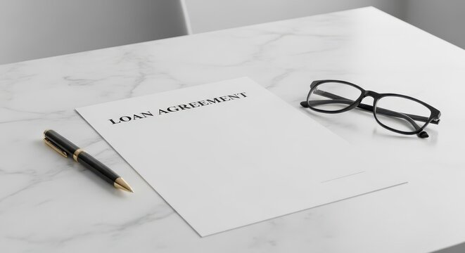 Loan agreement document with pen and glasses on a marble desk, representing financial commitment and legal terms