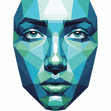 Abstract Geometric Human Face Sculpture with Blue and Green Tones.