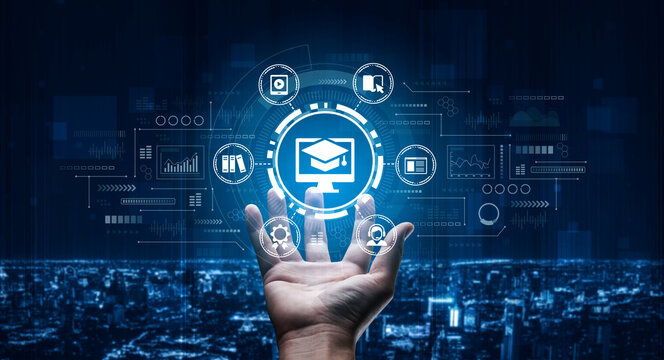 Futuristic Digital Learning Concept with Hand Holding Icons of Education, Technology, and Data Analysis Against a Cityscape Background. Entropy.