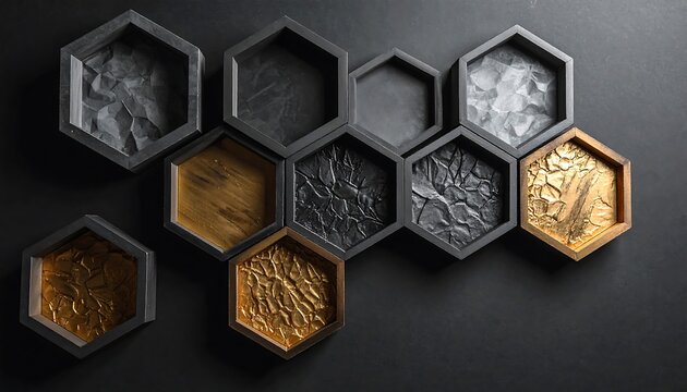 A collection of textured hexagonal tiles in various metallic colors