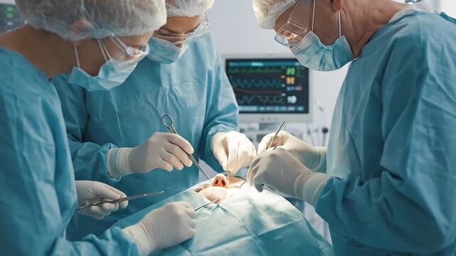 Surgeons performing a precise plastic surgery operation on a patient's nose in a modern operating room