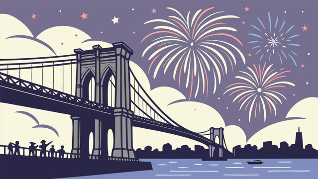 Colorful fireworks explode over the brooklyn bridge at night