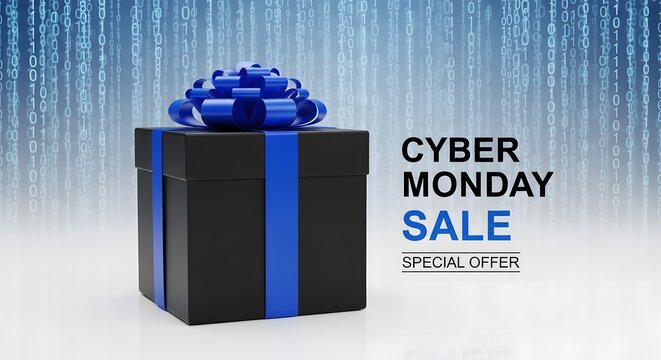 Cyber monday promotion glossy black gift box with blue ribbon on digital binary code background