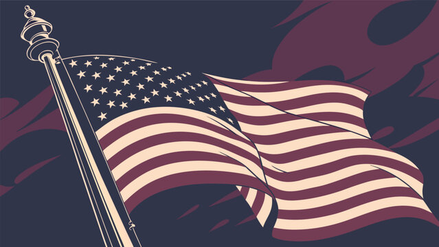 An american flag waves on a pole against a dark background
