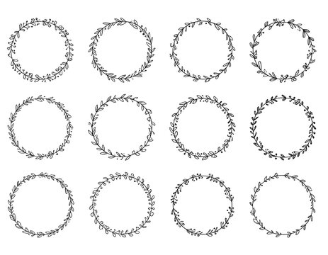 A collection of twelve circular laurel wreath illustrations in various styles