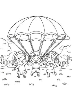 Children playing under a large open parachute outdoors.