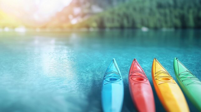 Recreation Group of friends kayaking on a clear blue lake, paddling through the calm water.