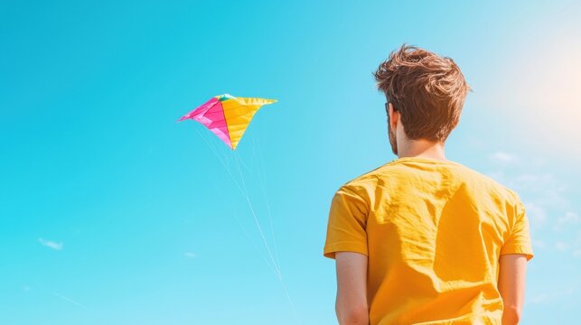 Recreation Man flying a colorful kite against a bright blue sky with the wind blowing.