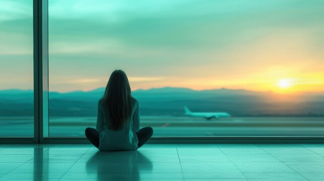 Journey Woman sitting by an airport window, gazing at airplanes and dreaming of travel.