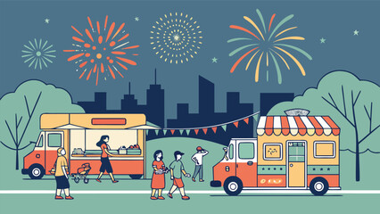Naklejka premium People enjoy an american street festival with food trucks and fireworks