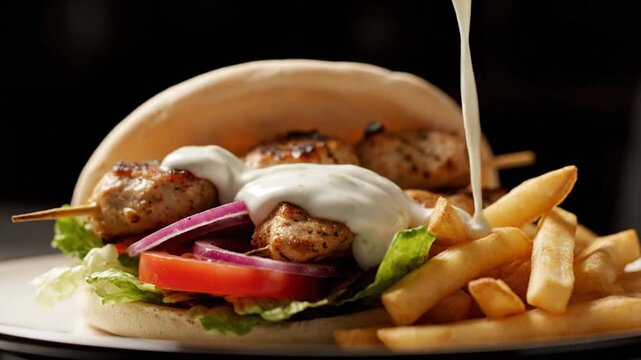 Delicious Greek Pita Souvlaki Meal with Fries and Tzatziki Sauce Being Poured