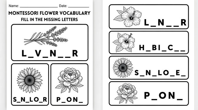 Montessori flower vocabulary worksheet with fill in the missing letters activity featuring botanical line