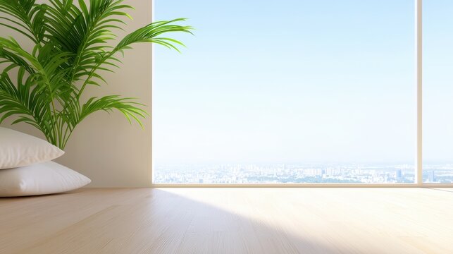 Apartment Minimalist apartment interior with modern furniture, large windows, and a cityscape view.