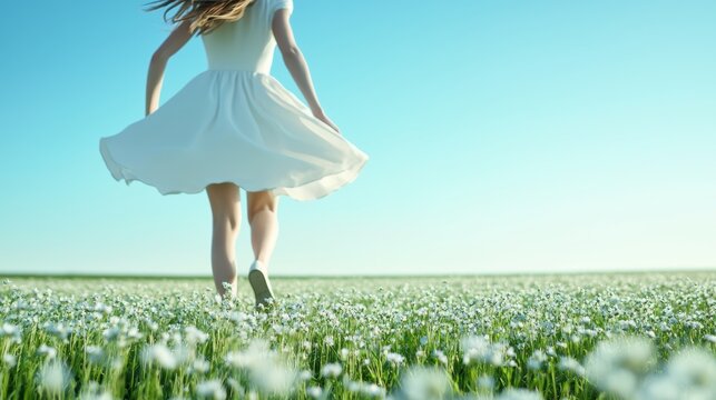 Freedom Woman spinning in a field of wildflowers, her dress flowing with the movement.