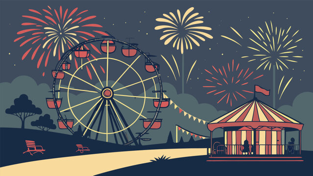 Ferris wheel and carousel at amusement park with fireworks