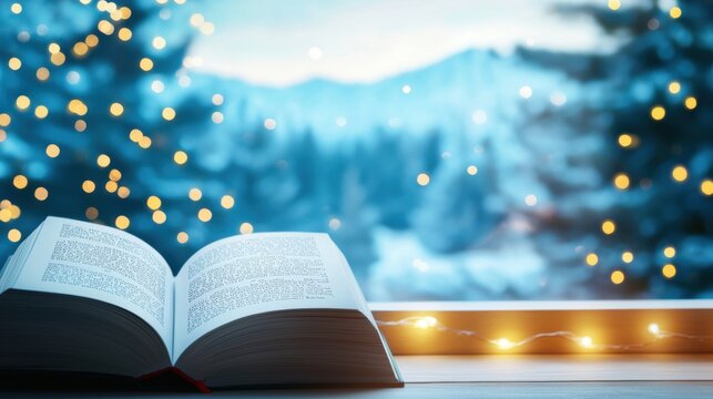 Book Woman holding an open book in a cozy reading nook with fairy lights.