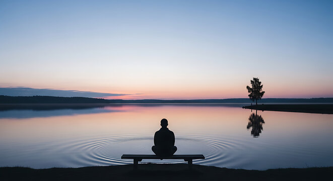 Person meditating by calm lake at sunset - A serene silhouette of a person sitting and meditating on a bench beside a peaceful lake during a beautiful sunset.