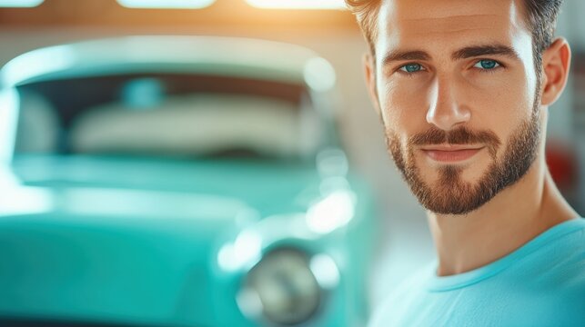 Hobby Man restoring an old car in his garage, focused on every detail.