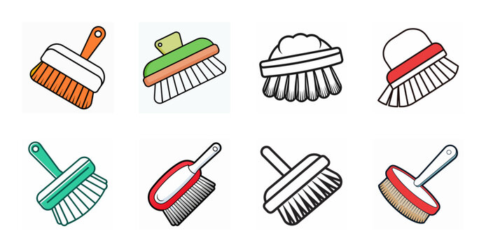 Colorful cleaning brushes and tools set - Bright and cheerful set of cleaning brushes, brooms, and dusters arranged in a simple, organized style perfect for home or office use.