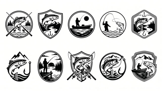 Professional Fishing Club Logo Bundle with Fish Hook Rod and Outdoor Adventure Emblems