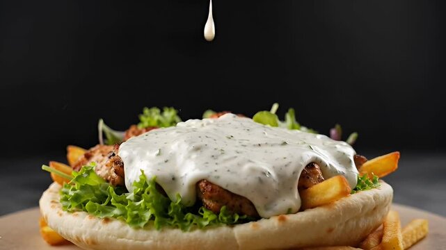 Delicious Gyro with Fries and Tzatziki Sauce Being Poured