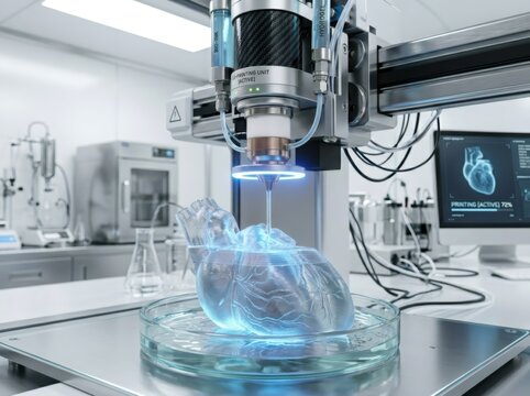 Bioprinting machine creating a realistic 3D human heart model in a medical laboratory. Innovative organ manufacturing technology for regenerative medicine and future clinical research.